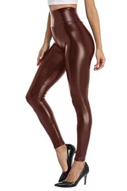 Teemie Damen Kunstleder Leggings Thermo Leder High Waist Stretch Skinny Hose Leggins PU Lederhose Strumpfhosen Sexy Treggins Lederoptik Dünn Gefüttert Kunstleder Winter Braun XL von Teemie