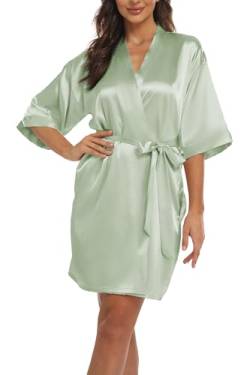 Teemie Damen Morgenmantel Bademantel Satin Kimono Robe Nachtwäsche Mit Gürtel Taschen Braut Brautjungfern Kurz Sexy V Ausschnitt Nachthemd Sommer Frauen 3/4 Ärmeln Pajama Hochzeit Party von Teemie