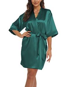 Teemie Damen Morgenmantel Bademantel Satin Kimono Robe Nachtwäsche Mit Gürtel Taschen Braut Brautjungfern Kurz Sexy V Ausschnitt Nachthemd Sommer Frauen 3/4 Ärmeln Pajama Hochzeit Party von Teemie