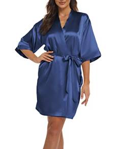 Teemie Damen Morgenmantel Bademantel Satin Kimono Robe Nachtwäsche Mit Gürtel Taschen Braut Brautjungfern Kurz Sexy V Ausschnitt Nachthemd Sommer Frauen 3/4 Ärmeln Pajama Hochzeit Party von Teemie