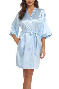 Teemie Damen Morgenmantel Bademantel Satin Kimono Robe Nachtwäsche Mit Gürtel Taschen Braut Brautjungfern Kurz Sexy V Ausschnitt Nachthemd Sommer Frauen 3/4 Ärmeln Pajama Hochzeit Party von Teemie