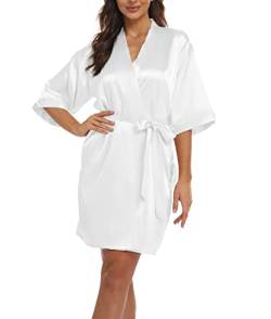 Teemie Damen Morgenmantel Bademantel Satin Kimono Robe Nachtwäsche Mit Gürtel Taschen Braut Brautjungfern Kurz Sexy V Ausschnitt Nachthemd Sommer Frauen 3/4 Ärmeln Pajama Hochzeit Party von Teemie