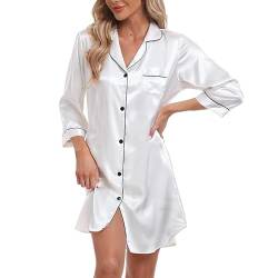 Teemie Damen Nachthemd V-Ausschnitt Satin Nachtkleid Nachtwäsche Sleepwear 3/4 Ärmeln Schlafshirt Knopfleiste Stillnachthemd Nachthemden Sleeepshirt Nursing Mit Knöpfen L von Teemie