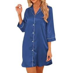 Teemie Damen Nachthemd V-Ausschnitt Satin Nachtkleid Nachtwäsche Sleepwear 3/4 Ärmeln Schlafshirt Knopfleiste Stillnachthemd Nachthemden Sleeepshirt Nursing Mit Knöpfen M von Teemie