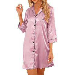 Teemie Damen Nachthemd V-Ausschnitt Satin Nachtkleid Nachtwäsche Sleepwear 3/4 Ärmeln Schlafshirt Knopfleiste Stillnachthemd Nachthemden Sleeepshirt Nursing Mit Knöpfen M von Teemie