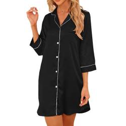 Teemie Damen Nachthemd V-Ausschnitt Satin Nachtkleid Nachtwäsche Sleepwear 3/4 Ärmeln Schlafshirt Knopfleiste Stillnachthemd Nachthemden Sleeepshirt Nursing Mit Knöpfen XL von Teemie