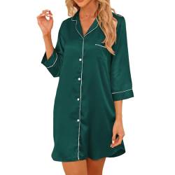 Teemie Damen Nachthemd V-Ausschnitt Satin Nachtkleid Nachtwäsche Sleepwear 3/4 Ärmeln Schlafshirt Knopfleiste Stillnachthemd Nachthemden Sleeepshirt Nursing Mit Knöpfen XL von Teemie