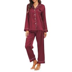 Teemie Damen Pyjama Sets Satin Nachtwäsche Schlafanzug Und Pyjamas Langarm Zweiteiliger Lang Loungewear Hausanzug PJs Hose Lange Seide mit Knopfleiste Jahreszeiten L von Teemie