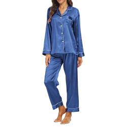 Teemie Damen Pyjama Sets Satin Nachtwäsche Schlafanzug Und Pyjamas Langarm Zweiteiliger Lang Loungewear Hausanzug PJs Hose Lange Seide mit Knopfleiste Jahreszeiten XL von Teemie