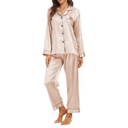 Teemie Damen Pyjama Sets Satin Nachtwäsche Schlafanzug Und Pyjamas Langarm Zweiteiliger Lang Loungewear Hausanzug PJs Hose Lange Seide mit Knopfleiste Jahreszeiten XXL von Teemie