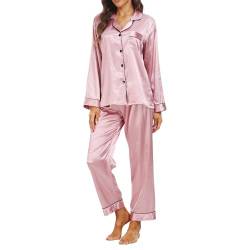 Teemie Damen Pyjama Sets Satin Nachtwäsche Schlafanzug Und Pyjamas Langarm Zweiteiliger Lang Loungewear Hausanzug PJs Hose Lange Seide mit Knopfleiste Jahreszeiten XXL von Teemie