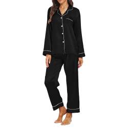 Teemie Damen Pyjama Sets Satin Nachtwäsche Schlafanzug Und Pyjamas Langarm Zweiteiliger Lang Loungewear Hausanzug PJs Hose Lange Seide mit Knopfleiste Jahreszeiten XXL von Teemie