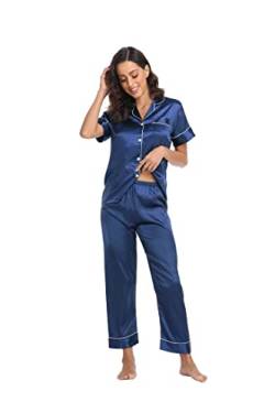 Teemie Damen Schlafanzug Kurz Pyjama Sets Satin Kurze Hosen Zweiteiliger Schlafanzüge Für Sommer Loungewear Nachtwäsche Dunkelblau L von Teemie