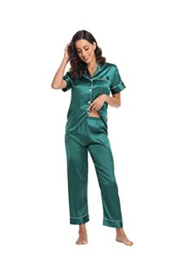 Teemie Damen Schlafanzug Kurz Pyjama Sets Satin Kurze Hosen Zweiteiliger Schlafanzüge Für Sommer Loungewear Nachtwäsche Grün L von Teemie