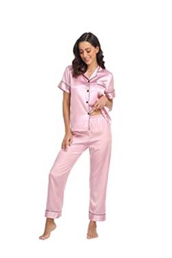 Teemie Damen Schlafanzug Kurz Pyjama Sets Satin Kurze Hosen Zweiteiliger Schlafanzüge Für Sommer Loungewear Nachtwäsche Pink S von Teemie