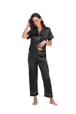 Teemie Damen Schlafanzug Kurz Pyjama Sets Satin Kurze Hosen Zweiteiliger Schlafanzüge Für Sommer Loungewear Nachtwäsche Schwarz L von Teemie