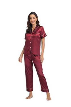 Teemie Damen Schlafanzug Kurz Pyjama Sets Satin Kurze Hosen Zweiteiliger Schlafanzüge Für Sommer Loungewear Nachtwäsche Weinrot L von Teemie