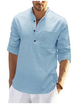 Teemie Herren Hemd Langarm Freizeithemd Leinenhemd Sommerhemd Henley Shirts Baumwolle Sommer Basic Shirt Regular Fit Button Tops Kragenloses Stehkragen Businesshemd for Männer Blau L von Teemie