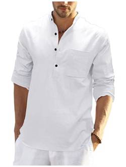 Teemie Herren Hemd Langarm Freizeithemd Leinenhemd Sommerhemd Henley Shirts Baumwolle Sommer Basic Shirt Regular Fit Button Tops Kragenloses Stehkragen Businesshemd for Männer Weiß XL von Teemie