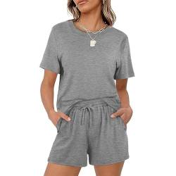 Teemie Schlafanzug Damen Kurz Pyjama Set Nachtwäsche Mit Kordelzug Und Taschen Sleepwear Zweiteiler Hausanzug Sexy Loungewear Für Frauen Große Größen Grau S von Teemie