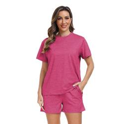 Teemie Schlafanzug Damen Kurz Pyjama Set Nachtwäsche Mit Kordelzug Und Taschen Sleepwear Zweiteiler Hausanzug Sexy Loungewear Für Frauen Große Größen Lila M von Teemie