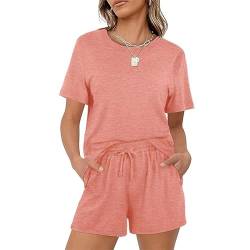 Teemie Schlafanzug Damen Kurz Pyjama Set Nachtwäsche Mit Kordelzug Und Taschen Sleepwear Zweiteiler Hausanzug Sexy Loungewear Für Frauen Große Größen Rosa XL von Teemie