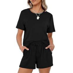 Teemie Schlafanzug Damen Kurz Pyjama Set Nachtwäsche Mit Kordelzug Und Taschen Sleepwear Zweiteiler Hausanzug Sexy Loungewear Für Frauen Große Größen Schwarz S von Teemie