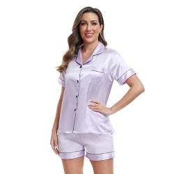 Teemie Schlafanzug Damen Kurzarm Pyjama Set Mit Knopfleiste Zweiteiliger Nachtwäsche Hausanzug Sommer V-Ausschnitt Pjs für Frauen Sleepwear Sexy Sleepshirt Lila violett XL von Teemie