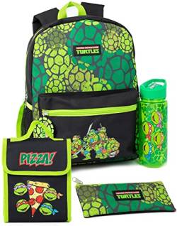 Teenage Mutant Ninja Turtles Jungen-Rucksack-Set | 4-teiliges grünes Kinderrucksack-Set mit Schultasche, Federmäppchen, Lunchtasche und Wasserflasche, TMNT-Grafik, komplettes passendes Set, Geschenk von Teenage Mutant Ninja Turtles