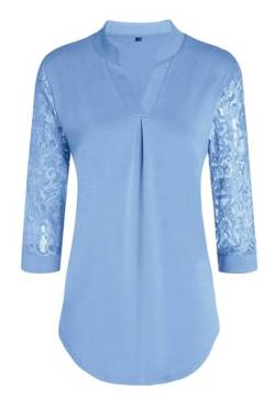 Teesho Damen Bluse 3/4 Arm Elegant Hemdbluse V-Ausschnitt Blusen A-Line Tunika Tops Baumwolle Shirts Lace Oberteile (Blau/L) von Teesho