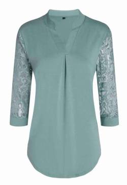 Teesho Damen Bluse 3/4 Arm Elegant Hemdbluse V-Ausschnitt Blusen A-Line Tunika Tops Baumwolle Shirts Lace Oberteile (Grau-grün/XL) von Teesho