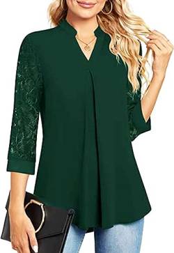 Teesho Damen Bluse 3/4 Arm Elegant Hemdbluse V-Ausschnitt Blusen A-Line Tunika Tops Baumwolle Shirts Lace Oberteile (Grün/XL) von Teesho