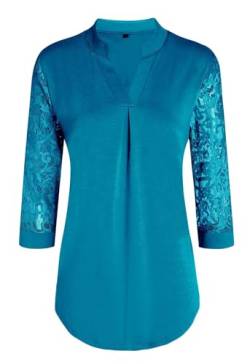 Teesho Damen Bluse 3/4 Arm Elegant Hemdbluse V-Ausschnitt Blusen A-Line Tunika Tops Baumwolle Shirts Lace Oberteile (Pfauenblau/L) von Teesho