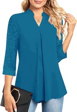 Teesho Damen Bluse 3/4 Arm Elegant Hemdbluse V-Ausschnitt Blusen A-Line Tunika Tops Baumwolle Shirts Lace Oberteile (Pfauenblau/S) von Teesho