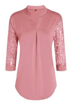 Teesho Damen Bluse 3/4 Arm Elegant Hemdbluse V-Ausschnitt Blusen A-Line Tunika Tops Baumwolle Shirts Lace Oberteile (Rosa/XXL) von Teesho