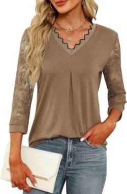 Teesho Damen Bluse Elegant 3/4 Ärmel V-Ausschnitt Tunika Lässige Tops Locker Oberteil Lace Ärmel Blusen (Braun/L) von Teesho