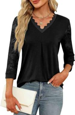 Teesho Damen Bluse Elegant 3/4 Ärmel V-Ausschnitt Tunika Lässige Tops Locker Oberteil Lace Ärmel Blusen (Schwarz/L) von Teesho