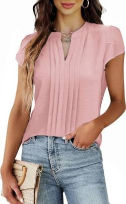 Teesho Damen Bluse Kurzarm Elegant Hemdbluse V-Ausschnitt Plissee vorne Arbeit Sommer Oberteile Shirts Tunika Hemd Tops (Rosa/L) von Teesho