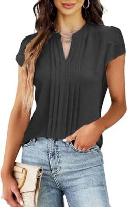 Teesho Damen Bluse Kurzarm Elegant Hemdbluse V-Ausschnitt Plissee vorne Arbeit Sommer Oberteile Shirts Tunika Hemd Tops (Schwarz/L) von Teesho