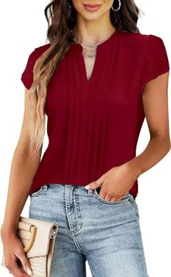 Teesho Damen Bluse Kurzarm Elegant Hemdbluse V-Ausschnitt Plissee vorne Arbeit Sommer Oberteile Shirts Tunika Hemd Tops (Weinrot/XL) von Teesho