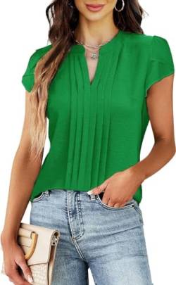 Teesho Damen Bluse Kurzarm Elegant Hemdbluse V-Ausschnitt Plissee vorne Arbeit Sommer Oberteile Shirts Tunika Hemd Tops (grün/M) von Teesho