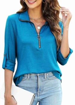 Teesho Damen Bluse Langarm|3/4 Ärmel Elegant Hemdbluse Reißverschluss Tunika Tops Oversize Shirt V-Ausschnitt Oberteil Longshirt (Pfauenblau/S) von Teesho