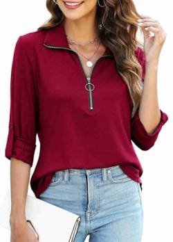 Teesho Damen Bluse Langarm|3/4 Ärmel Elegant Hemdbluse Reißverschluss Tunika Tops Oversize Shirt V-Ausschnitt Oberteil Longshirt (Weinrot/S) von Teesho