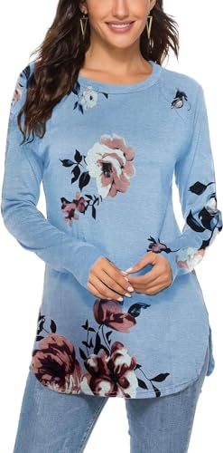 Teesho Damen Longshirt Langarm Elegant Oberteile Löwenzahn Baumwolle Shirt Casual Tops Tunika (Blume/XXL) von Teesho