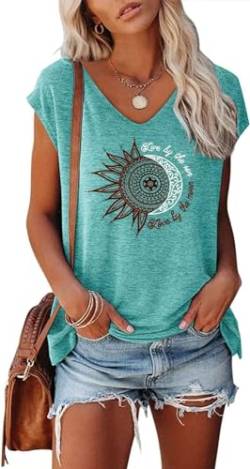 Teesho Damen T-Shirt Sommer Elegant Oberteile Kurzarm Crop Tops Oversize Shirts Tunika Sommer Tank Tops Sporttop (seeblau/M) von Teesho