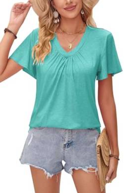Teesho Damen Tshirt V-Ausschnitt Baumwolle Elegant Oberteile Kurzarm Top Sommer Casual Shirts (Seegrün/XL) von Teesho