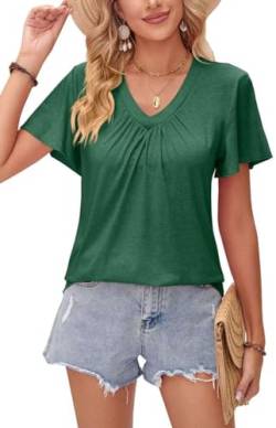 Teesho Damen Tshirt V-Ausschnitt Baumwolle Elegant Oberteile Kurzarm Top Sommer Casual Shirts (dunkelgrün/M) von Teesho