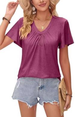 Teesho Damen Tshirt V-Ausschnitt Baumwolle Elegant Oberteile Kurzarm Top Sommer Casual Shirts (weinrot/XL) von Teesho