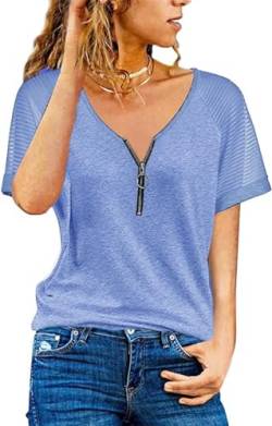 Teesho Damen Tshirt V Ausschnitt Casual Oberteile Elegant Streifen Mesh Bluse Baumwolle Shirt Tops Tunika (Blau/M) von Teesho