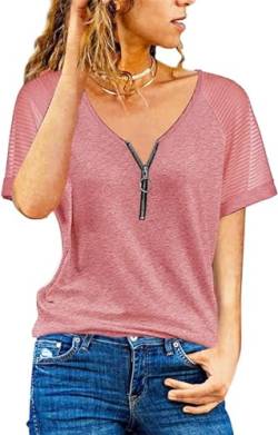 Teesho Damen Tshirt V Ausschnitt Casual Oberteile Elegant Streifen Mesh Bluse Baumwolle Shirt Tops Tunika (Rot/L) von Teesho